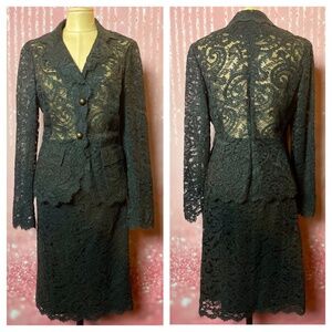 Monique Lhuillier Black Lace Skirt Suit with Gold Buttons